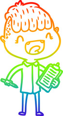 rainbow gradient line drawing cartoon happy boy with clip board laughing