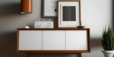 mid-century modern teak sideboard with tapered legs and sleek silver hardware.. generative ai