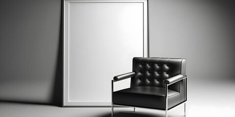 mock up poster in a office retro. inspired black leather armchair with matching ottoman and chrome legs. generative ai