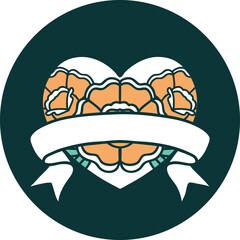 tattoo style icon of a heart and banner with flowers