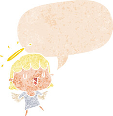 cartoon angel and speech bubble in retro textured style