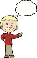 cartoon man with mustache pointing with thought bubble