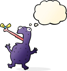 cartoon poisonous frog catching fly with thought bubble