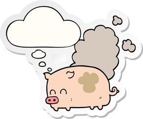cartoon smelly pig and thought bubble as a printed sticker