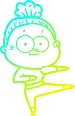 cold gradient line drawing cartoon happy old woman