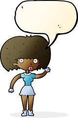 cartoon woman waving with speech bubble