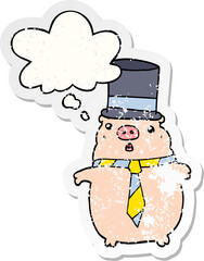 cartoon business pig and thought bubble as a distressed worn sticker