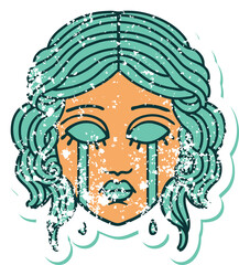 distressed sticker tattoo style icon of female face crying