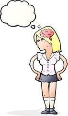 cartoon intelligent woman with thought bubble