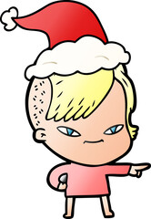 cute gradient cartoon of a girl with hipster haircut wearing santa hat