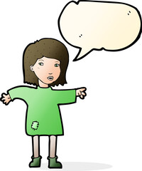 cartoon woman in patched clothing with speech bubble