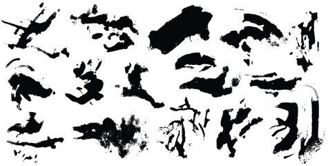 Black smears silhouette spot with droplets, smudges, stains, splashes. Ink blot in grunge style. Hand made paint brush stroke Vector illustration