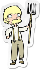 sticker of a cartoon farmer with pitchfork