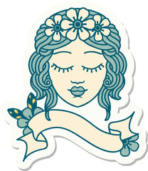 Obraz na płótnie Canvas tattoo sticker with banner of a maidens face