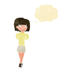 cartoon happy woman with thought bubble