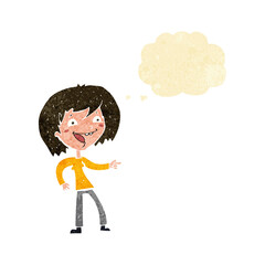 cartoon woman laughing and pointing with thought bubble
