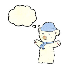 cartoon cute polar bear in hat and scarf with thought bubble