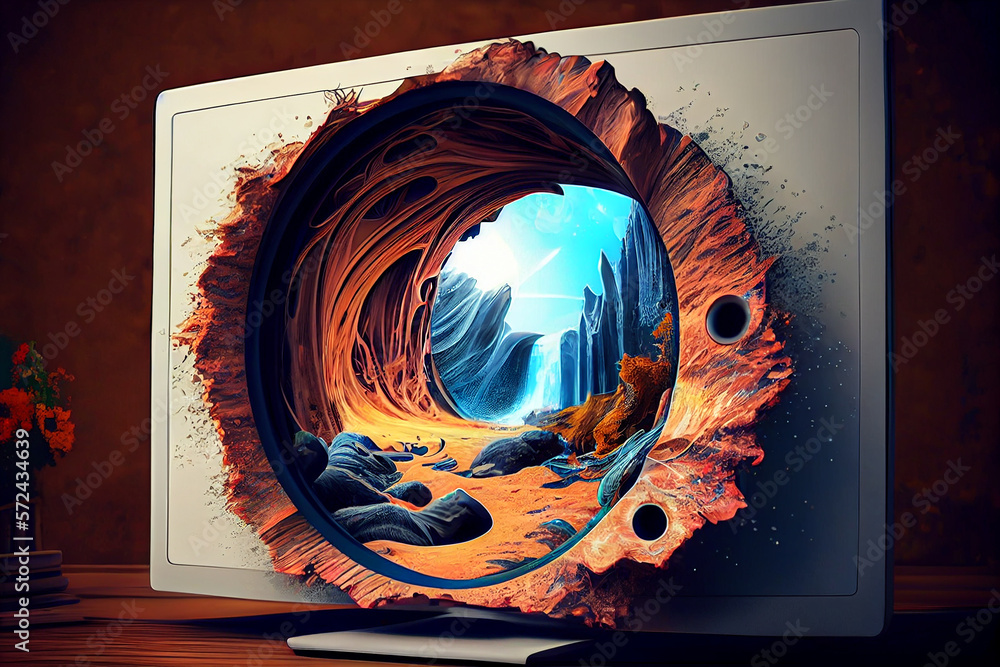 Poster computer monitor with a fantastic mystery web portal to the world of internet knowledge illustration