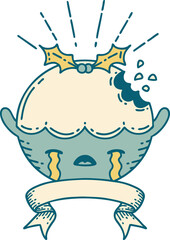 banner with tattoo style christmas pudding character crying