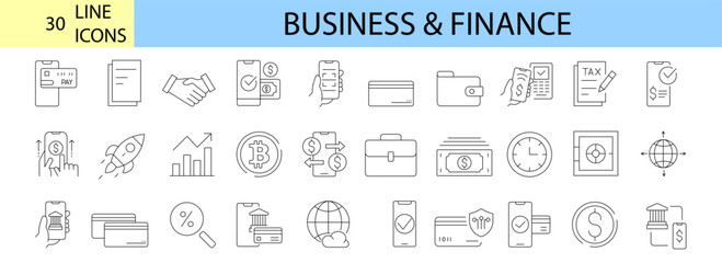 Business and Finance web icons Money, bank, contact, office, payment, strategy, accounting, infographic. editable stroke. Vector illustration.