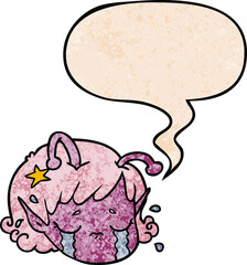 cartoon alien space girl face crying and speech bubble in retro texture style
