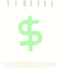 flat color illustration of a cartoon note pad with dollar symbol