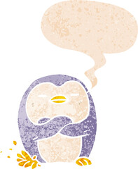 cartoon penguin tapping foot and speech bubble in retro textured style