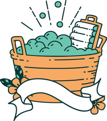 banner with tattoo style old washboard and scrubbing bowl