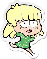 distressed sticker of a cartoon tired woman