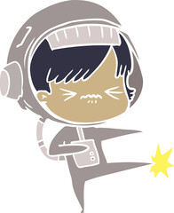 angry flat color style cartoon space girl stubbing toe