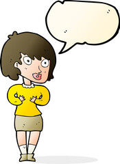 cartoon woman making Who Me? gesture with speech bubble