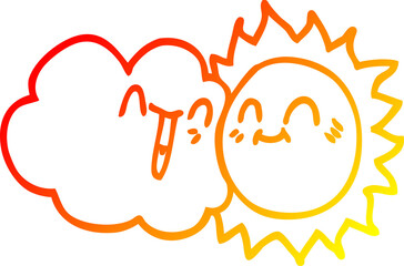 warm gradient line drawing cartoon happy sun and cloud