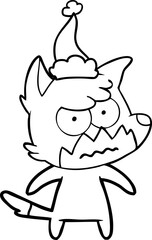 line drawing of a annoyed fox wearing santa hat