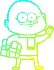 cold gradient line drawing cartoon bald man staring