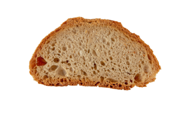 Slice of rye and wheat sourdough bread top view isolated transparent png. Porous bread pulp and crispy crust.