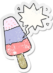 cartoon ice lolly and speech bubble distressed sticker