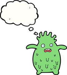 cartoon funny slime monster with thought bubble