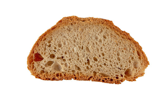 Slice of rye and wheat sourdough bread top view isolated transparent png. Porous bread pulp and crispy crust.