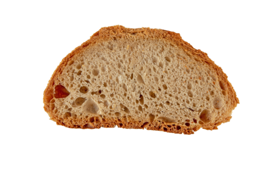 Slice of rye and wheat sourdough bread top view isolated transparent png. Porous bread pulp and crispy crust.