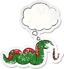 cartoon slithering snake and thought bubble as a distressed worn sticker