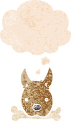 cartoon dog with bone and thought bubble in retro textured style