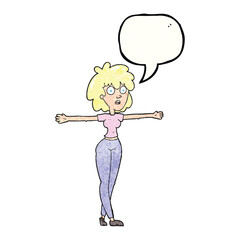 speech bubble textured cartoon woman spreading arms