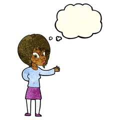 cartoon woman making welcome gesture with thought bubble