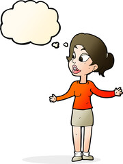 cartoon pretty woman explaining something with thought bubble