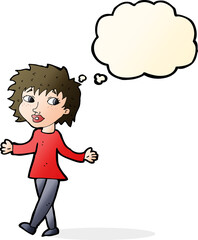 cartoon woman with no worries with thought bubble