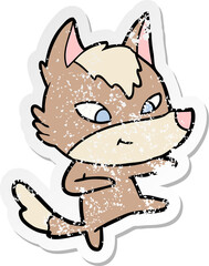 distressed sticker of a friendly cartoon wolf dancing