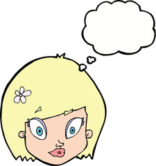 cartoon happy female face with thought bubble