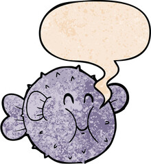 cartoon puffer fish and speech bubble in retro texture style
