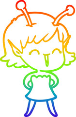 rainbow gradient line drawing cartoon alien girl laughing