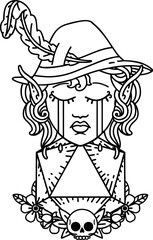 crying elf bard character with natural one D20 roll illustration